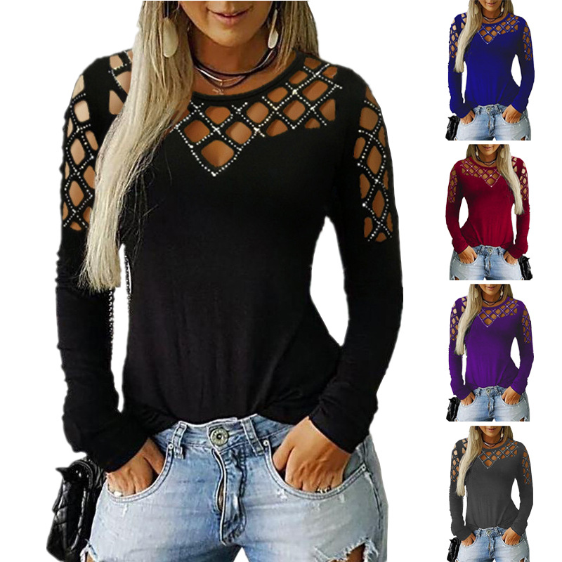 Autumn and winter hollow permed long-sleeved T-shirt top 26 01