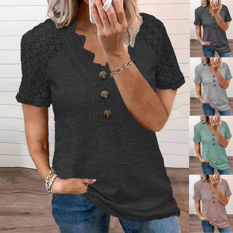 European and American beauty V-neck buttoned hollow lace T-shirt 1 01