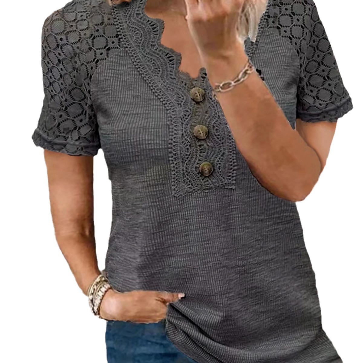 European and American beauty V-neck buttoned hollow lace T-shirt 1