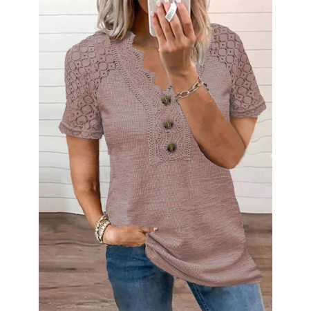 European and American beauty V-neck buttoned hollow lace T-shirt 1