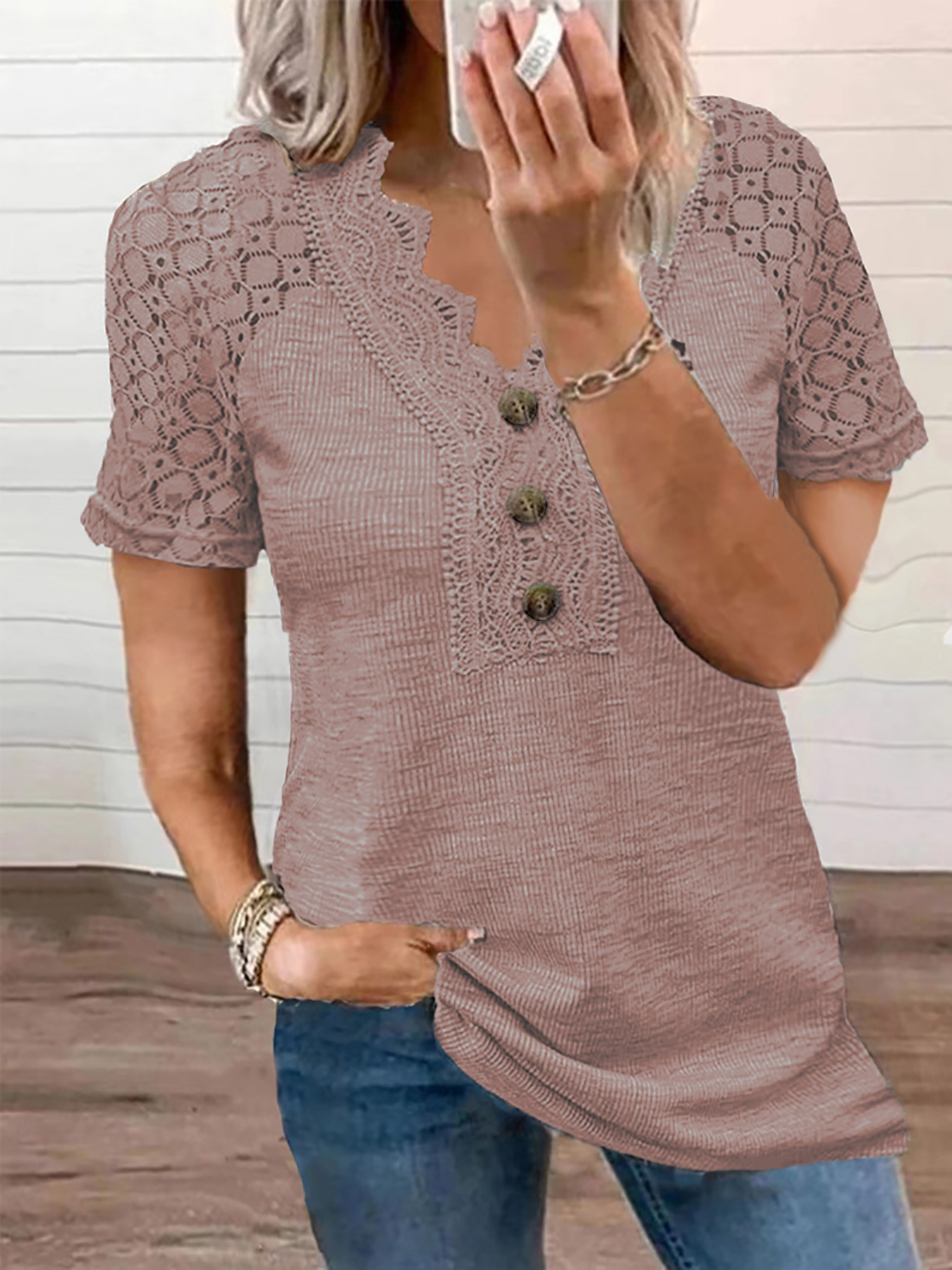 European and American beauty V-neck buttoned hollow lace T-shirt 1 02