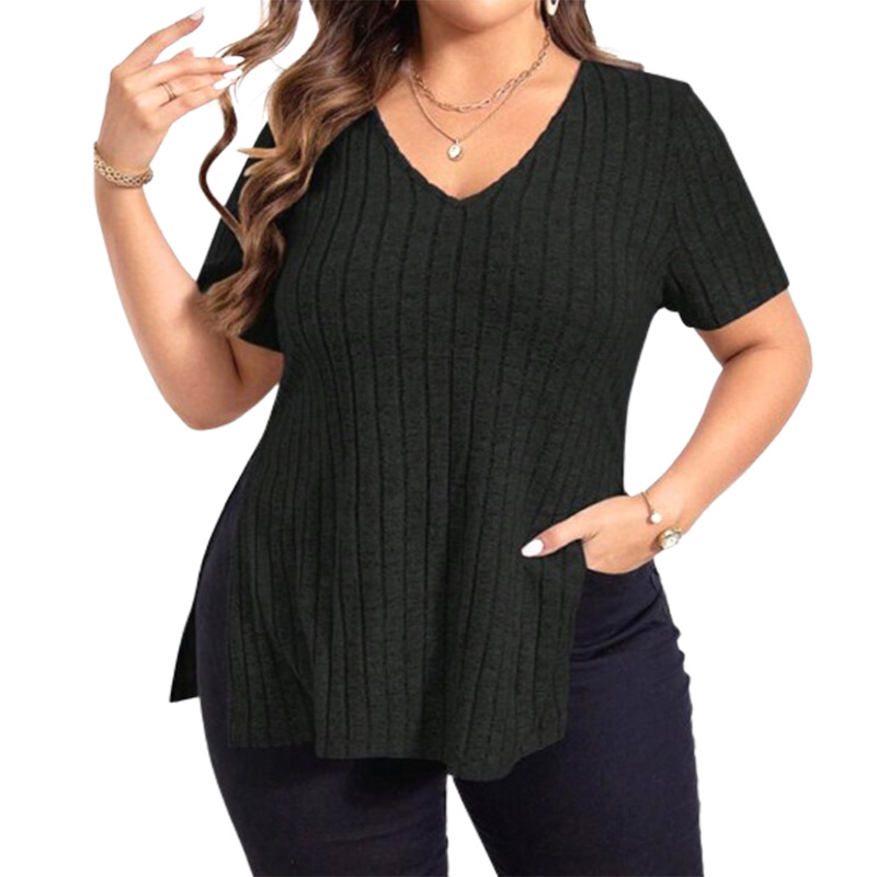 European and American new solid color casual V-neck slit short sleeves 3