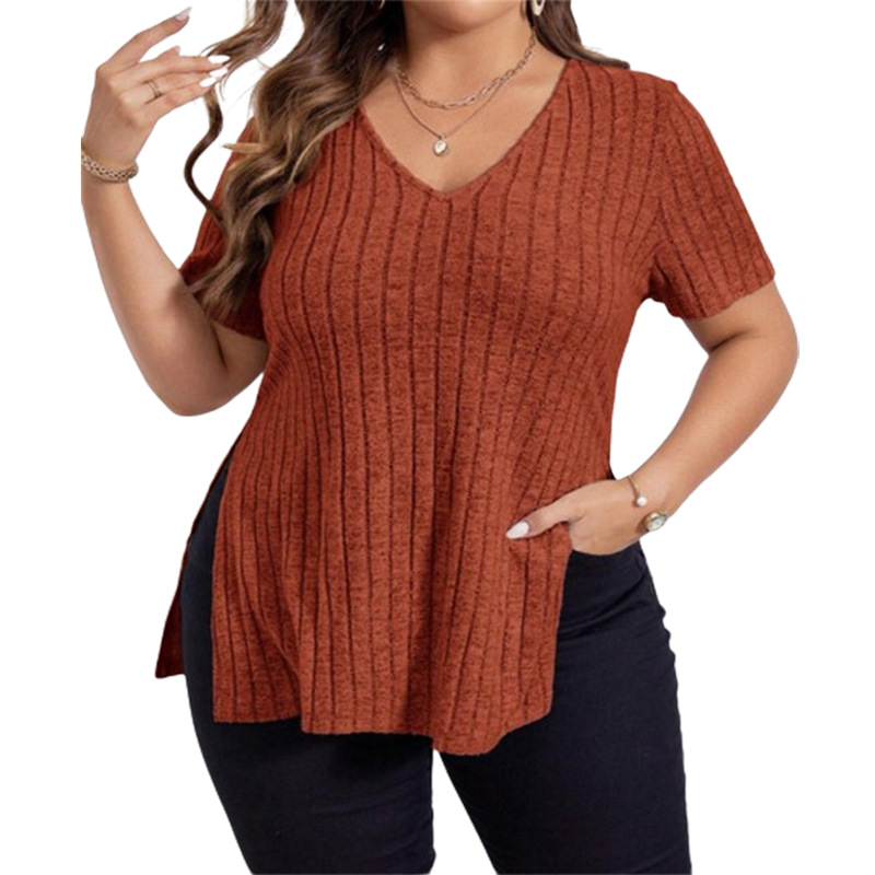 European and American new solid color casual V-neck slit short sleeves 3