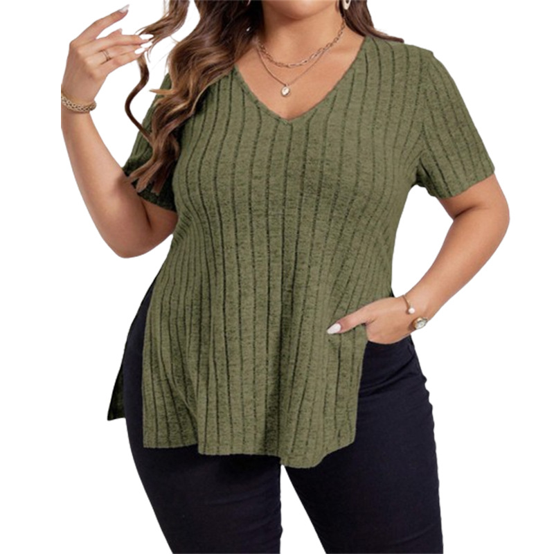 European and American new solid color casual V-neck slit short sleeves 3