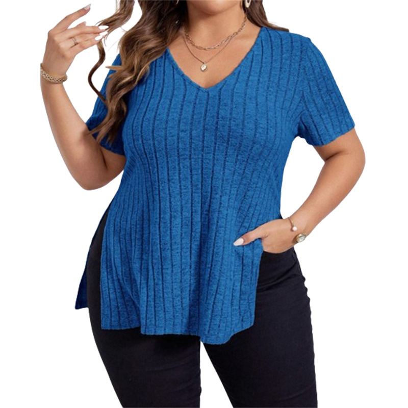 European and American new solid color casual V-neck slit short sleeves 3