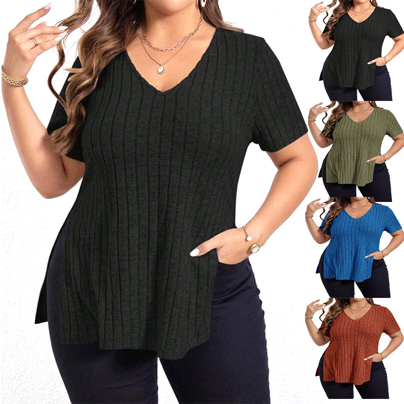 European and American new solid color casual V-neck slit short sleeves 3