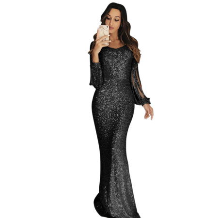 long sleeve fringed evening gown 29