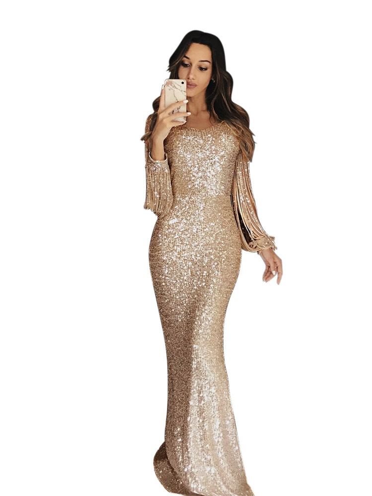 long sleeve fringed evening gown 29