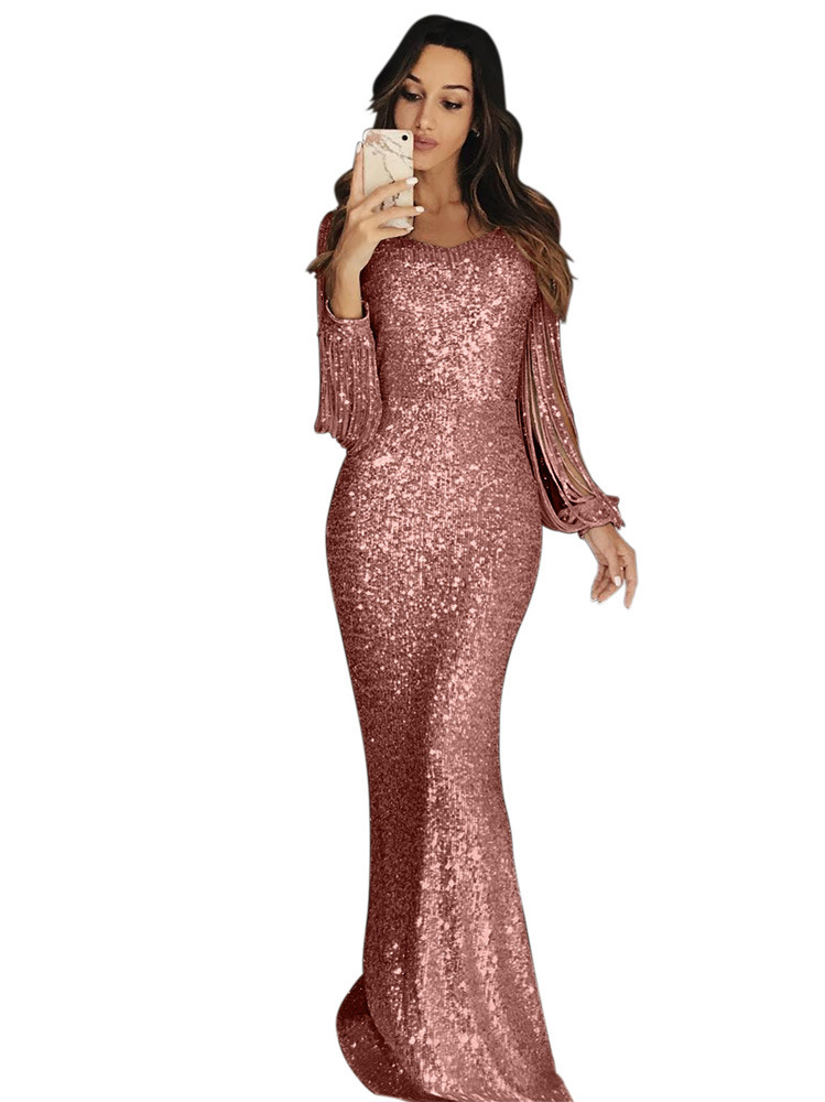 long sleeve fringed evening gown 29