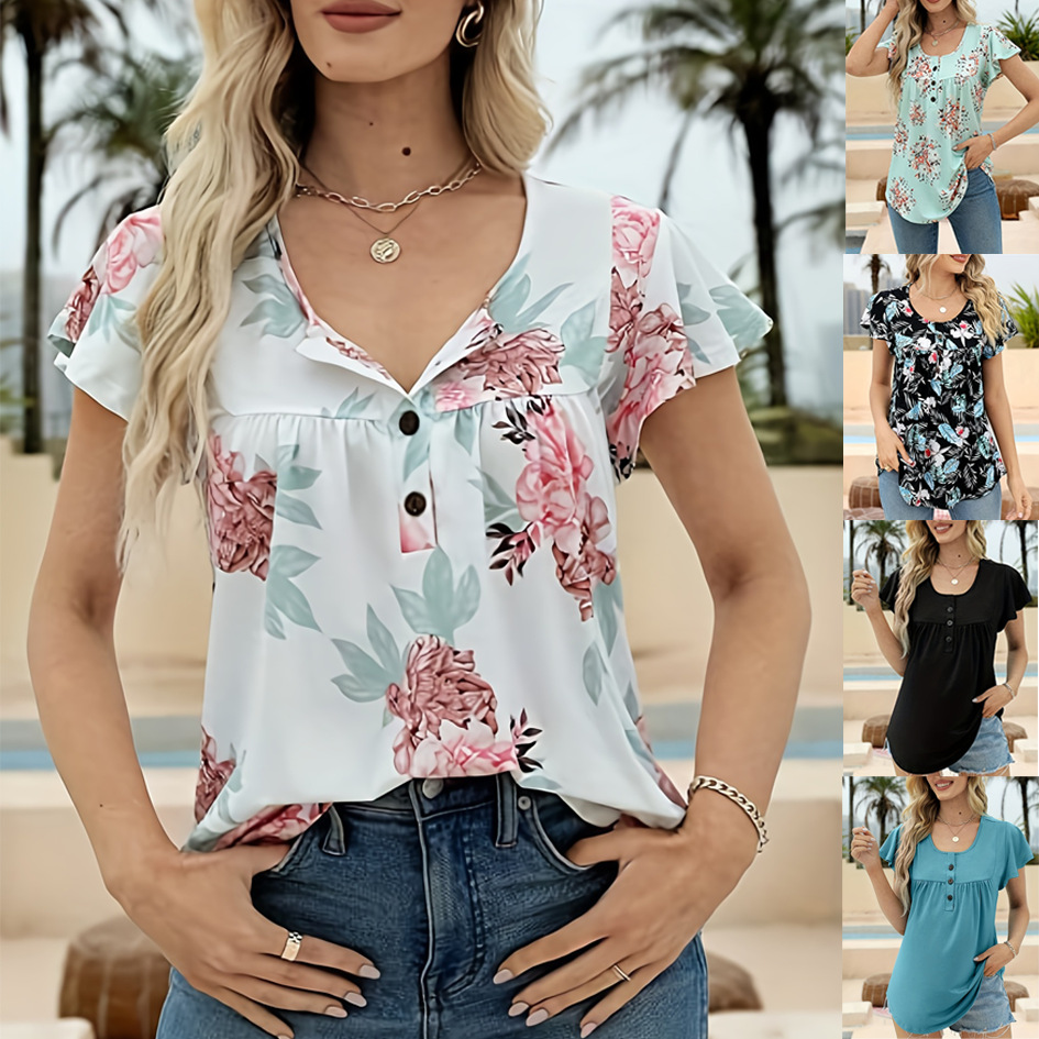 Loose short-sleeve printed gathered button T-shirt top 17