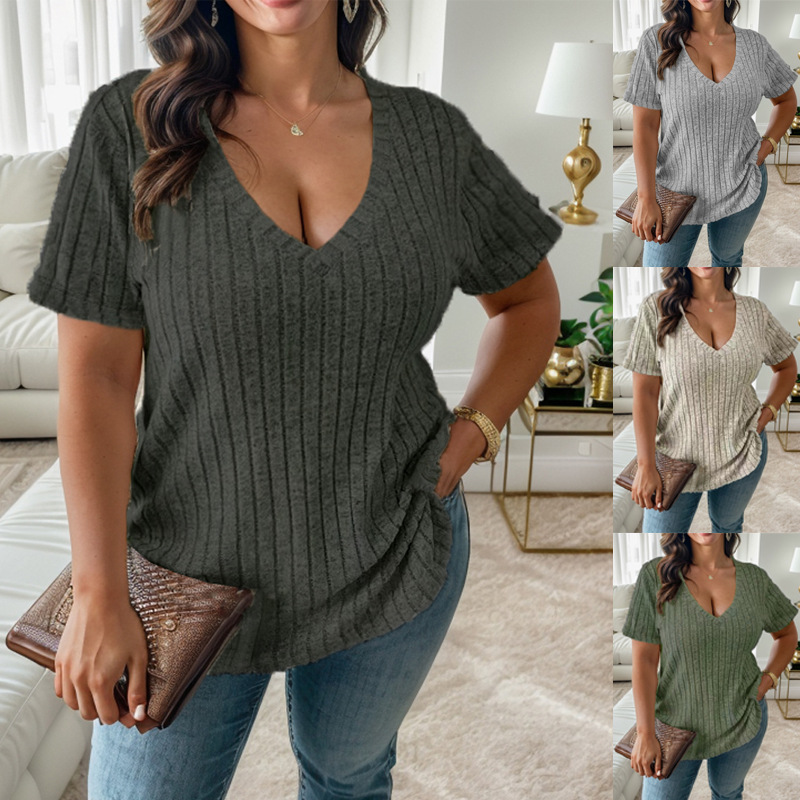 New European and American V-neck loose pit strip brushed short sleeves 4