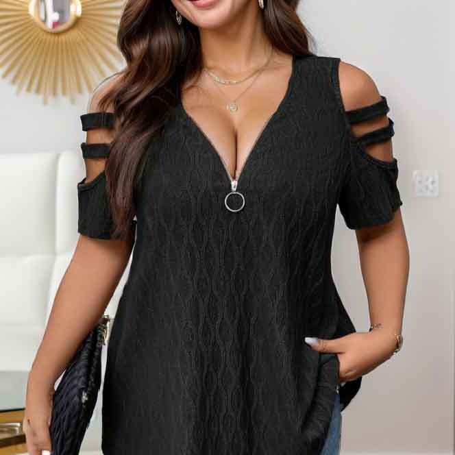 New solid color off-shoulder zipper V-neck T-shirt top 21