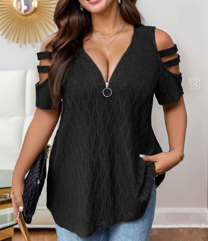 New solid color off-shoulder zipper V-neck T-shirt top 21