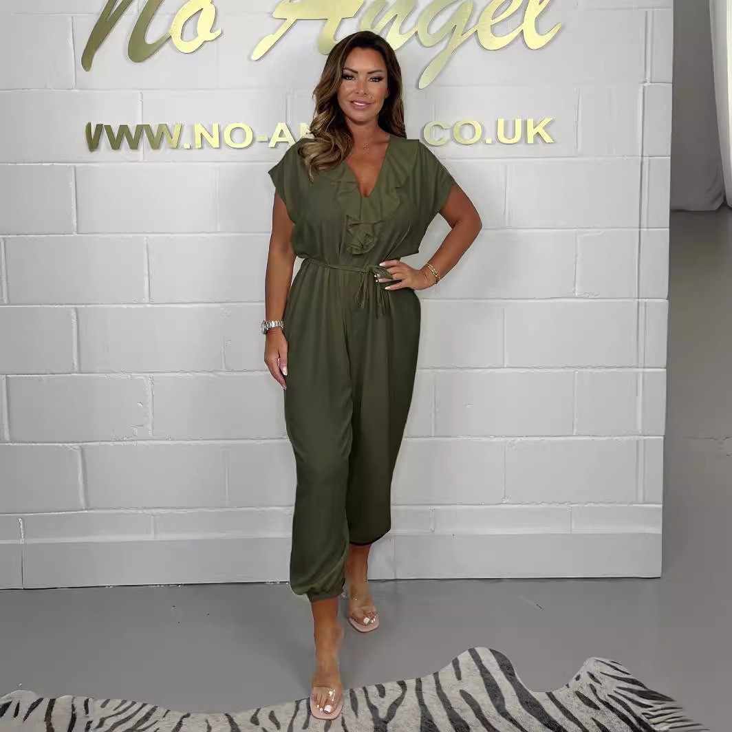 Lace-up ruffled wide-leg pants solid color casual jumpsuit for women 14