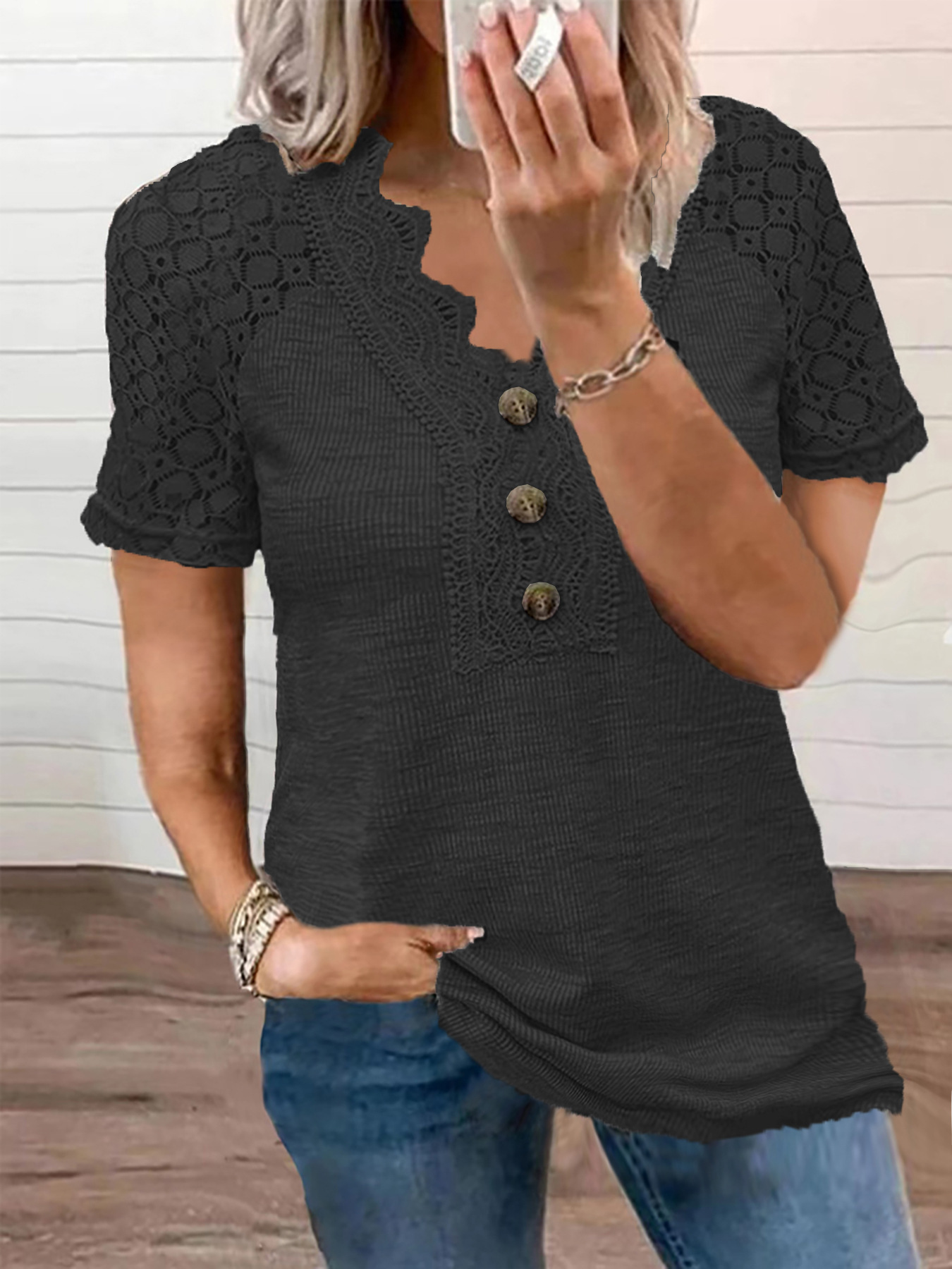 New Women's V-Neck Button Cutout Lace T-Shirt 18
