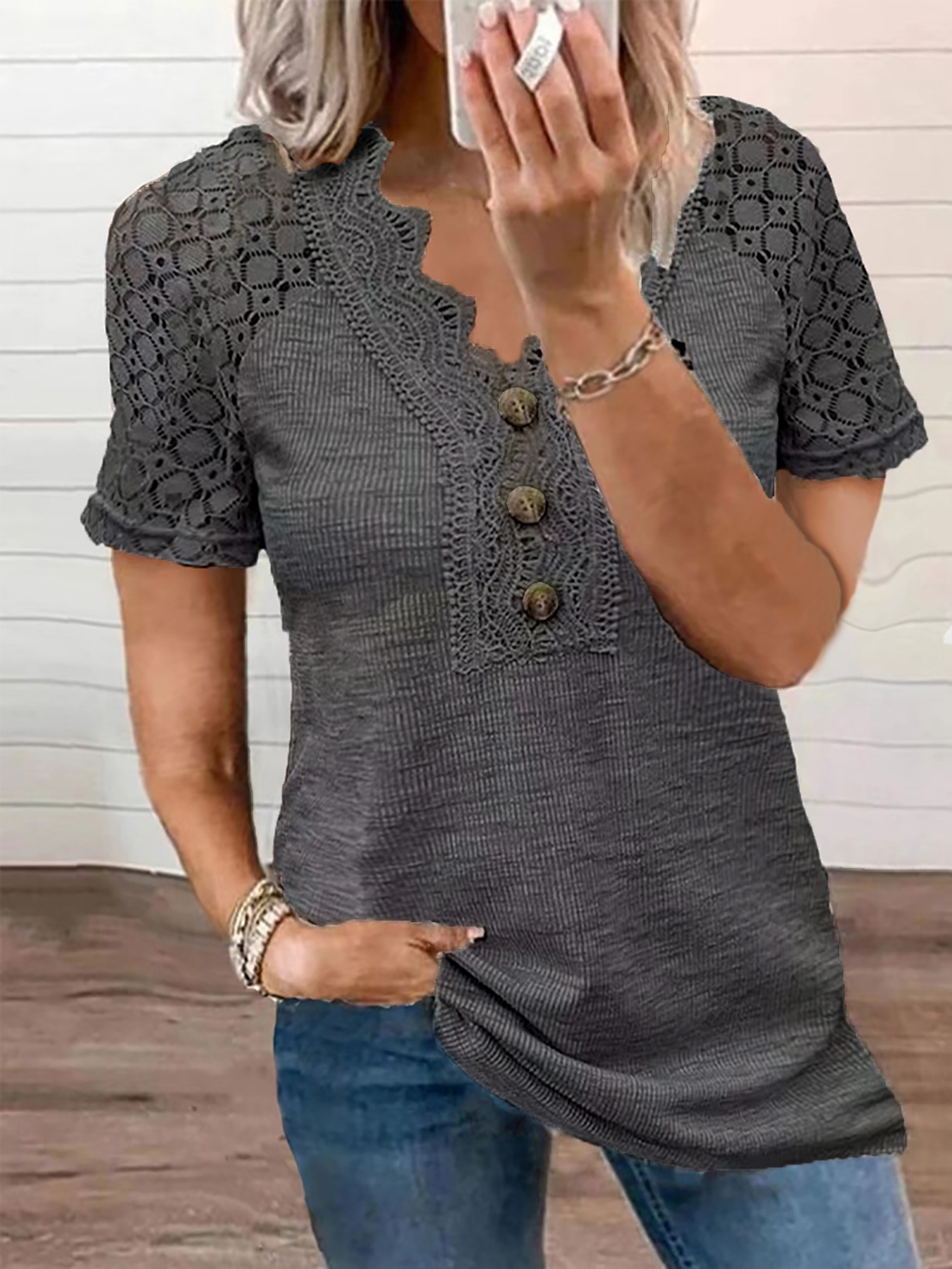 New Women's V-Neck Button Cutout Lace T-Shirt 18