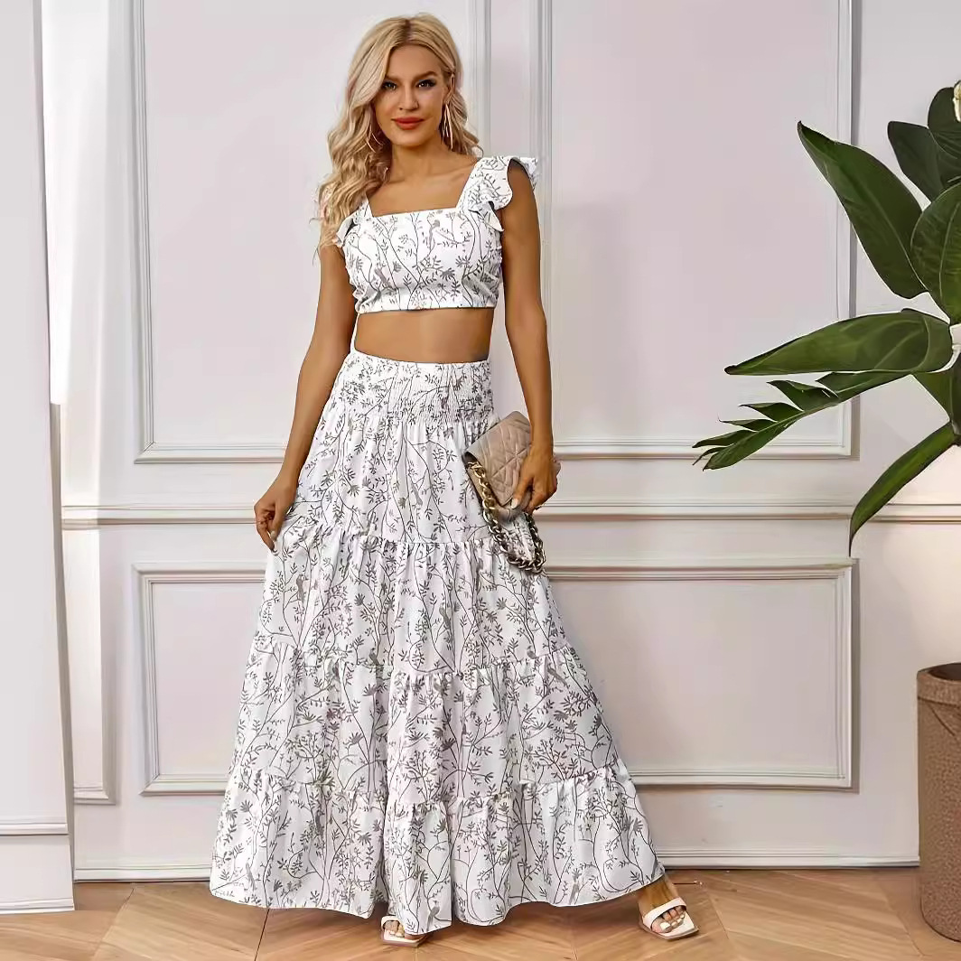 Printed suit skirt, short top, printed skirt suit for women 15