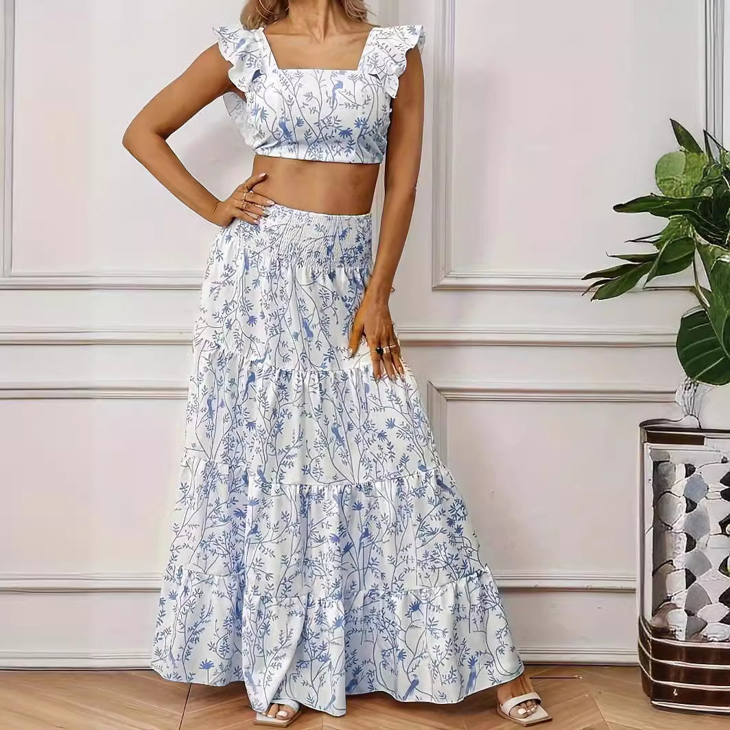 Printed suit skirt, short top, printed skirt suit for women 15