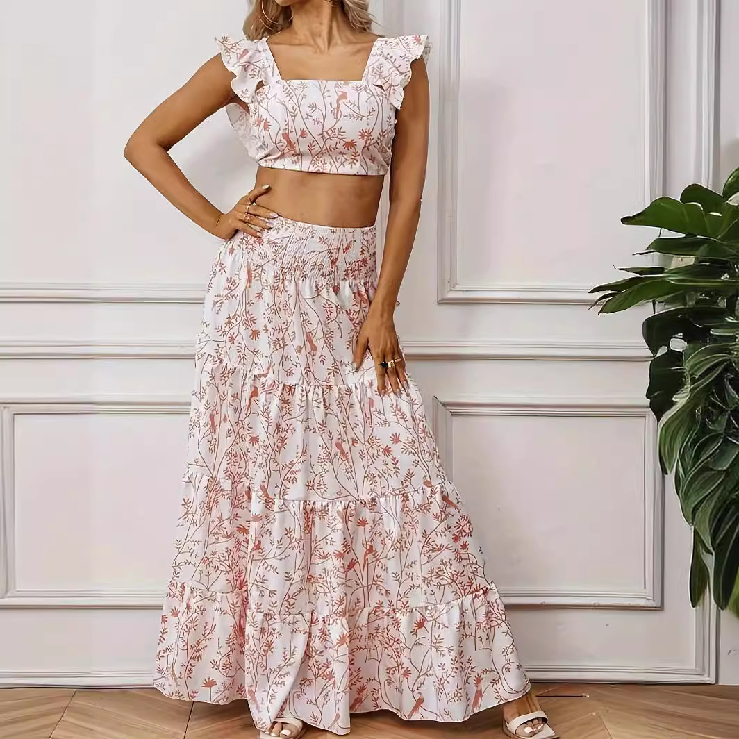 Printed suit skirt, short top, printed skirt suit for women 15