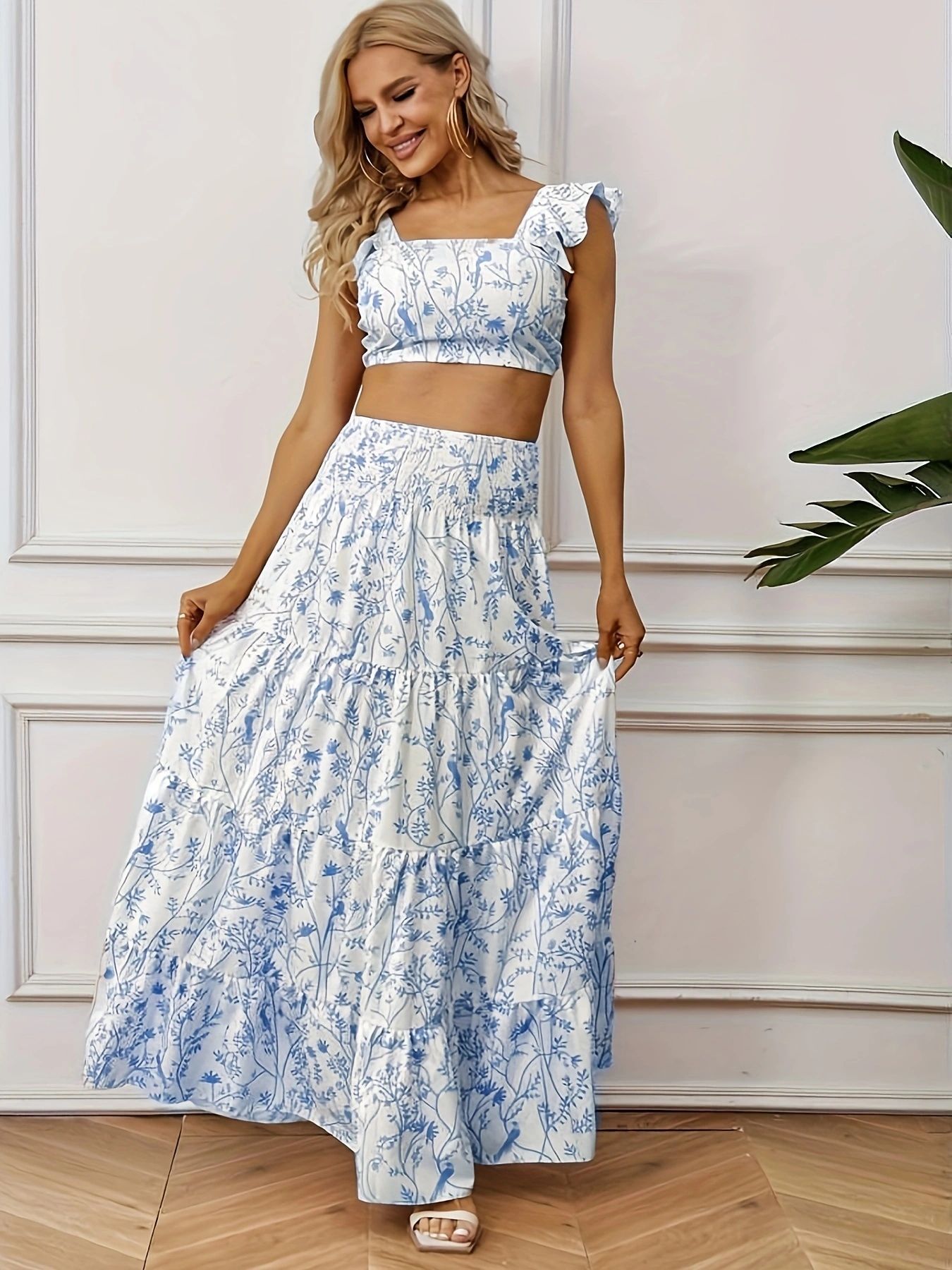 Printed suit skirt, short top, printed skirt suit for women 15
