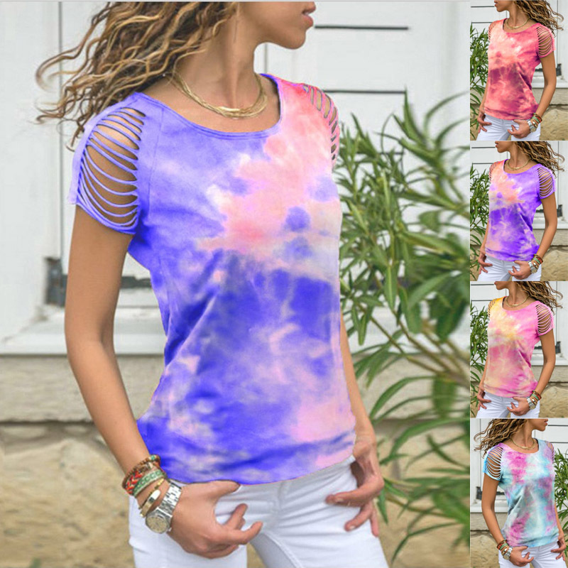 Tie-dye ripped off-the-shoulder short-sleeved T-shirt 25