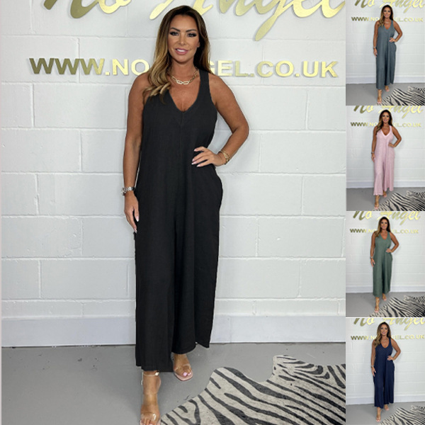 Women's solid color cotton and linen V-neck strappy wide-leg pants 13