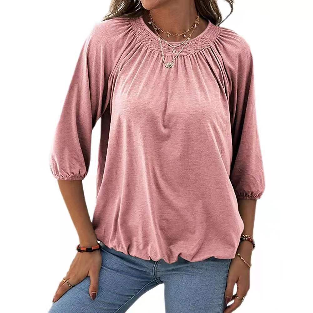 Women's solid color loose round neck mid-sleeve T-shirt 31