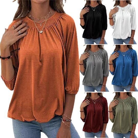 Women's solid color loose round neck mid-sleeve T-shirt 31