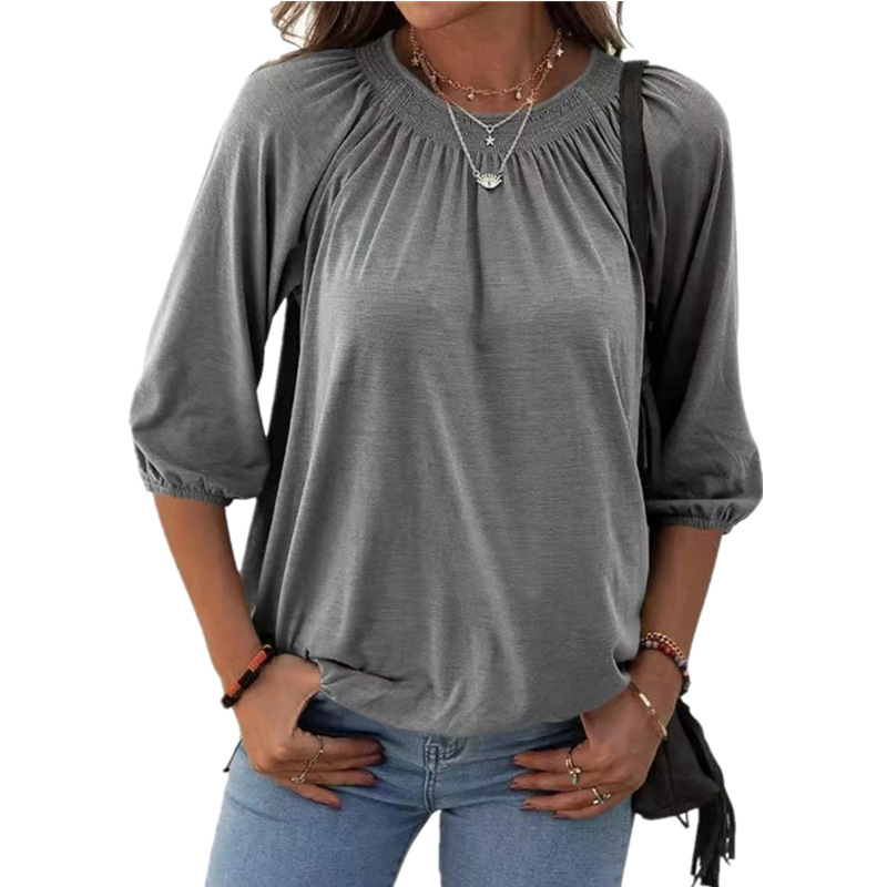 Women's solid color loose round neck mid-sleeve T-shirt 31