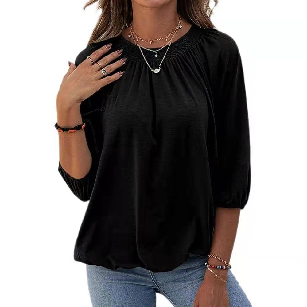 Women's solid color loose round neck mid-sleeve T-shirt 31