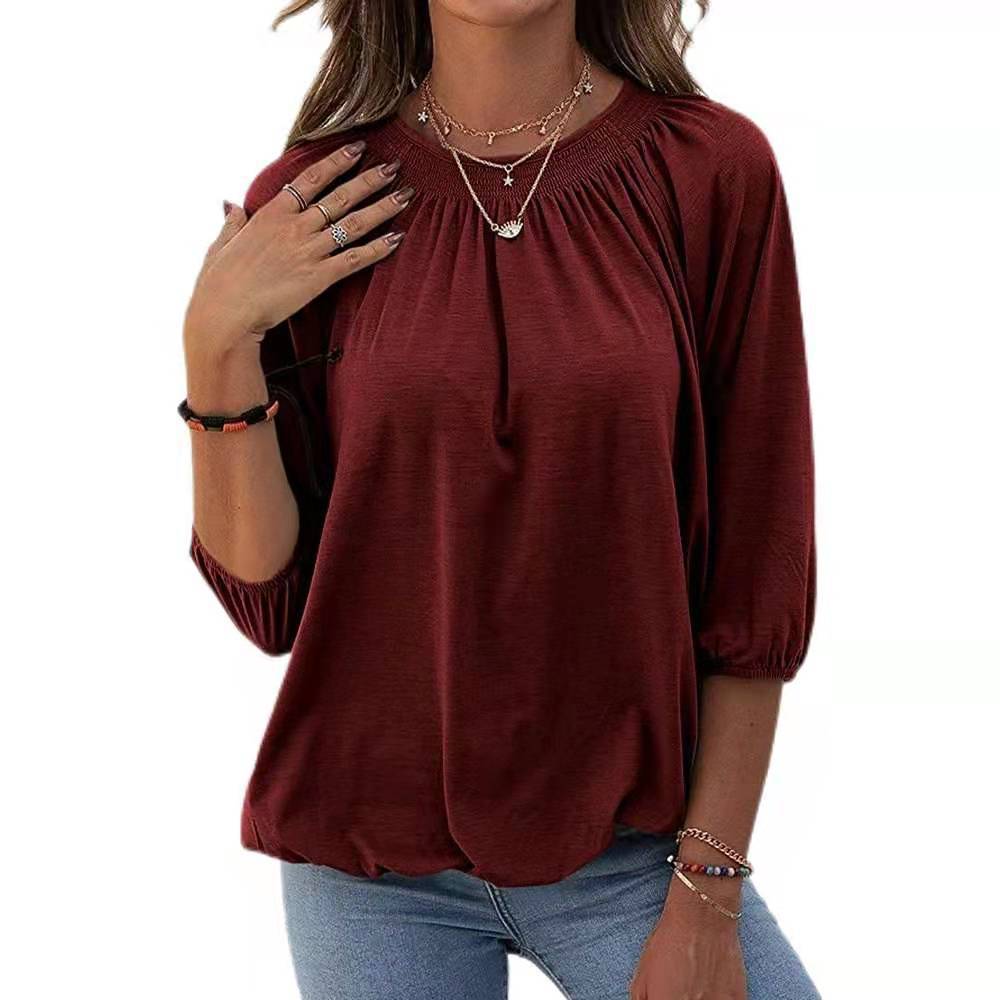 Women's solid color loose round neck mid-sleeve T-shirt 31