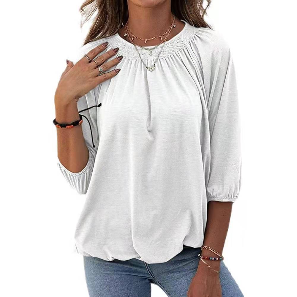 Women's solid color loose round neck mid-sleeve T-shirt 31