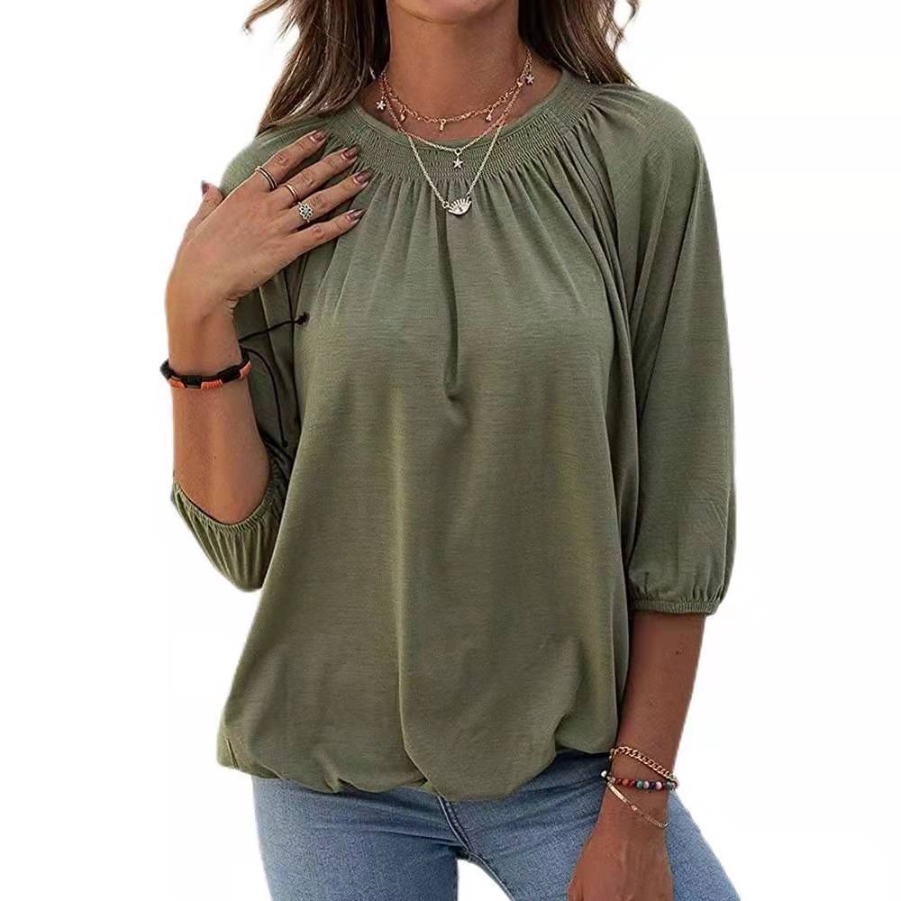 Women's solid color loose round neck mid-sleeve T-shirt 31