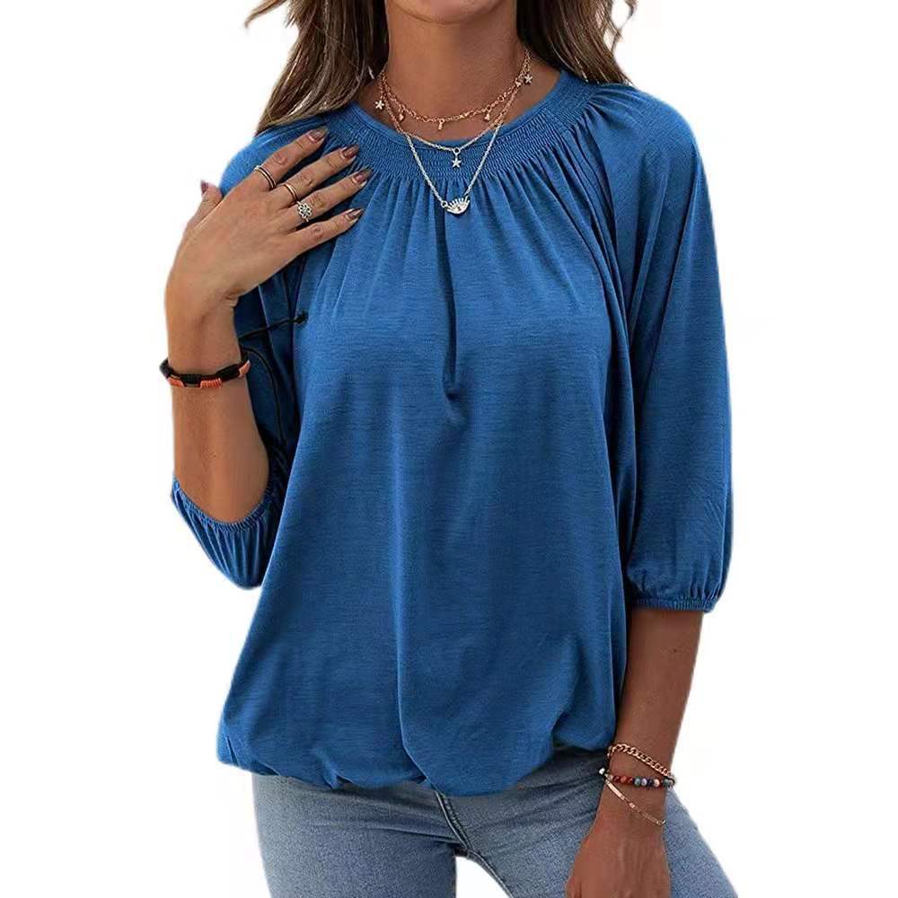 Women's solid color loose round neck mid-sleeve T-shirt 31