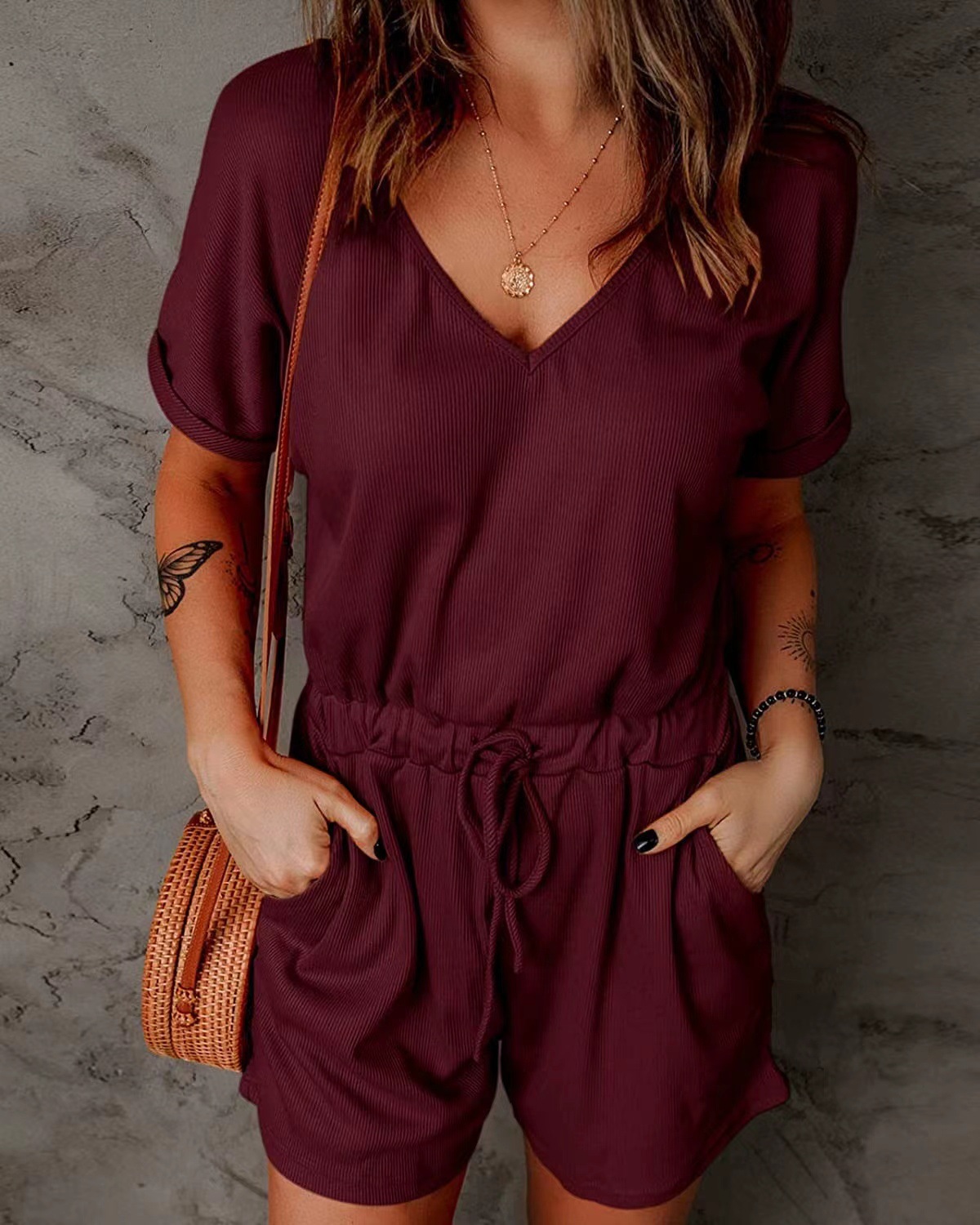 Casual V-neck lap sleeve pocket jumpsuit for women 59