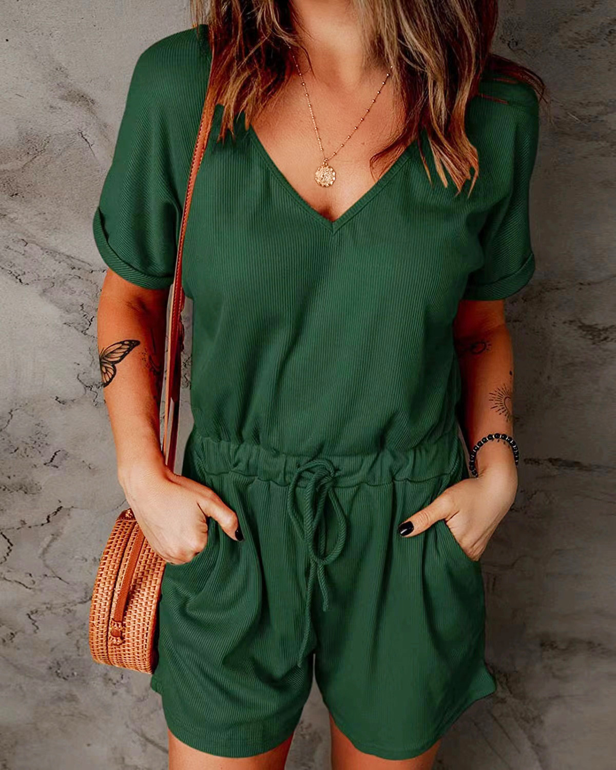 Casual V-neck lap sleeve pocket jumpsuit for women 59