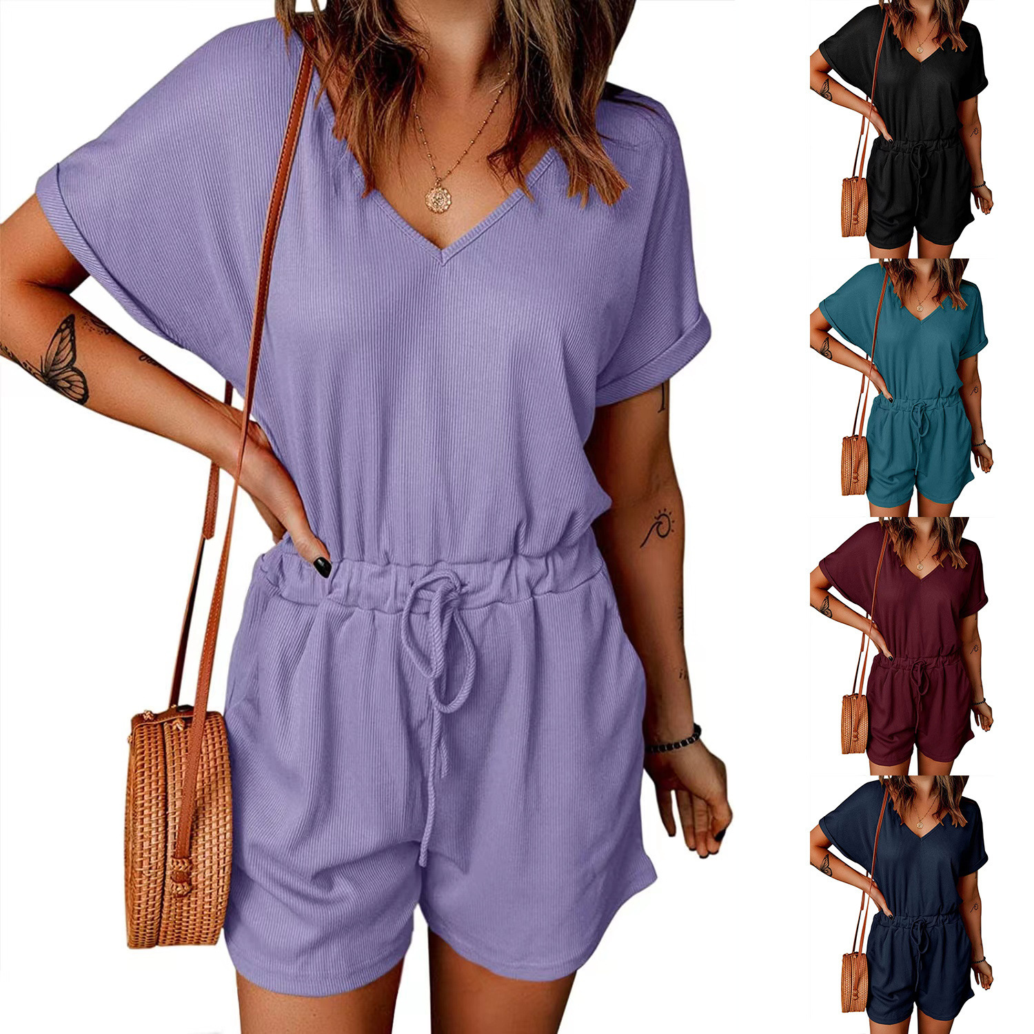 Casual V-neck lap sleeve pocket jumpsuit for women 59 01