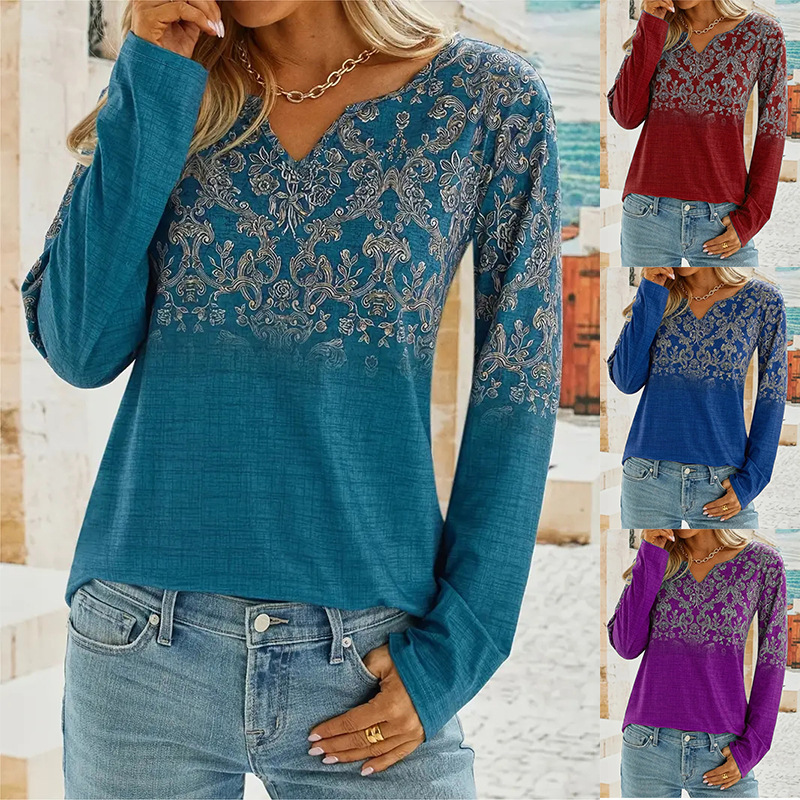 New fashionable casual V-neck ethnic style long-sleeved T-shirt 57 01