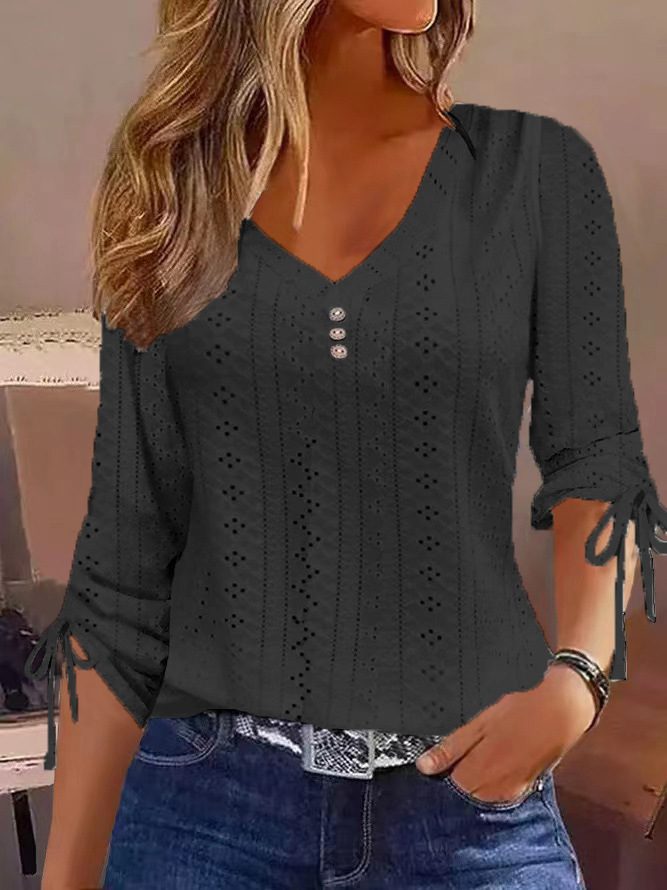 New solid color jacquard button long sleeve T-shirt top 55