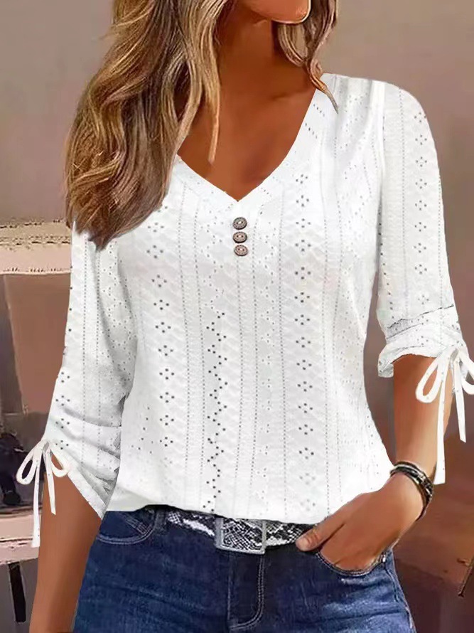 New solid color jacquard button long sleeve T-shirt top 55 02