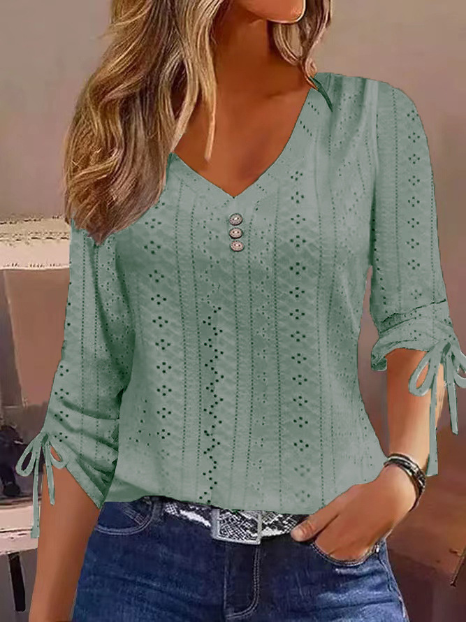 New solid color jacquard button long sleeve T-shirt top 55