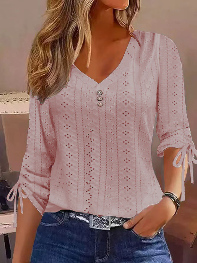 New solid color jacquard button long sleeve T-shirt top 55