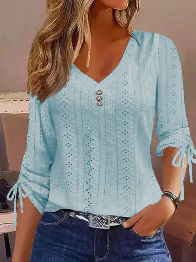 New solid color jacquard button long sleeve T-shirt top 55