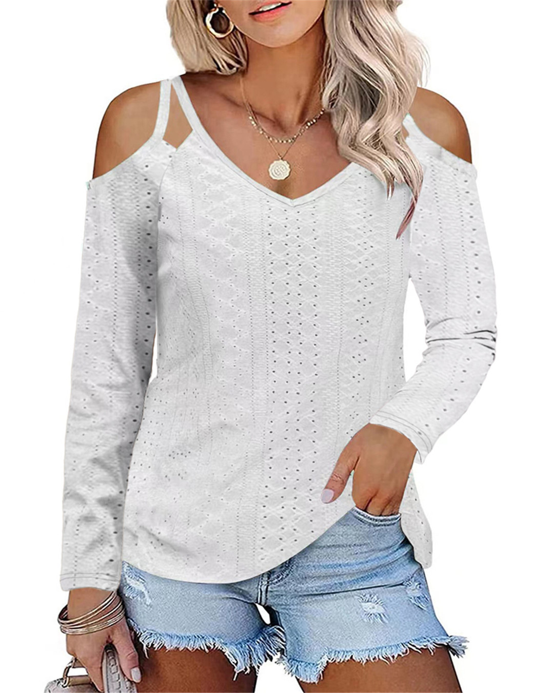 New solid color V-neck double strap off-shoulder hollow T-shirt 38