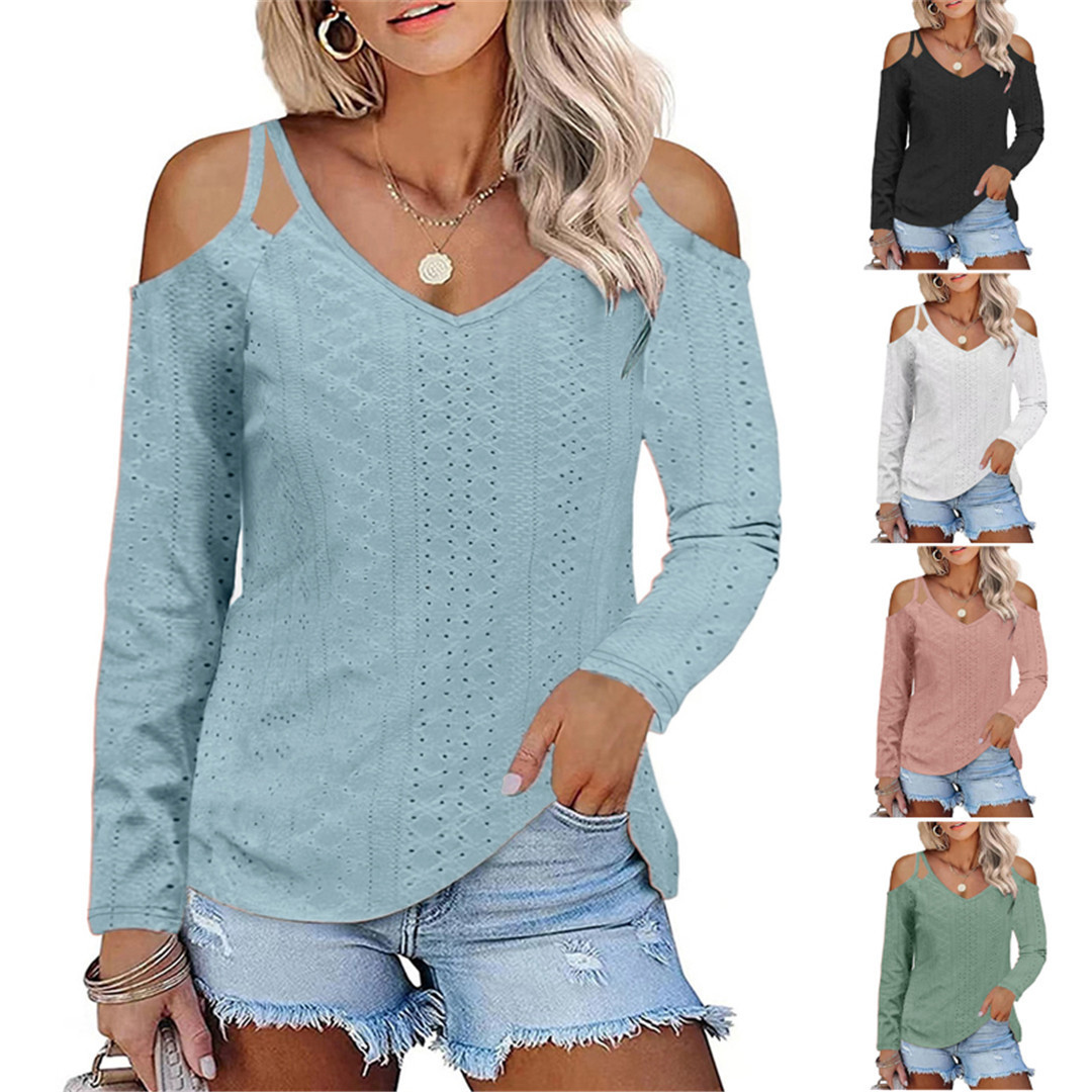 New solid color V-neck double strap off-shoulder hollow T-shirt 38