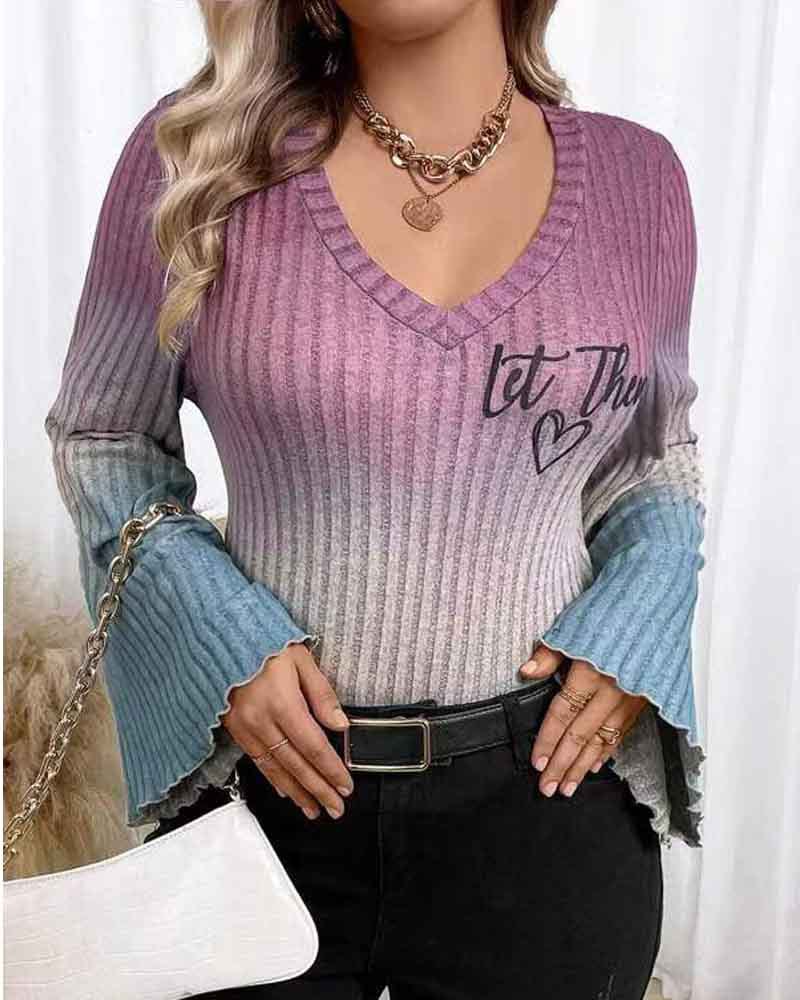 New tie-dye gradient print V-neck long-sleeved T-shirt for women 41 01