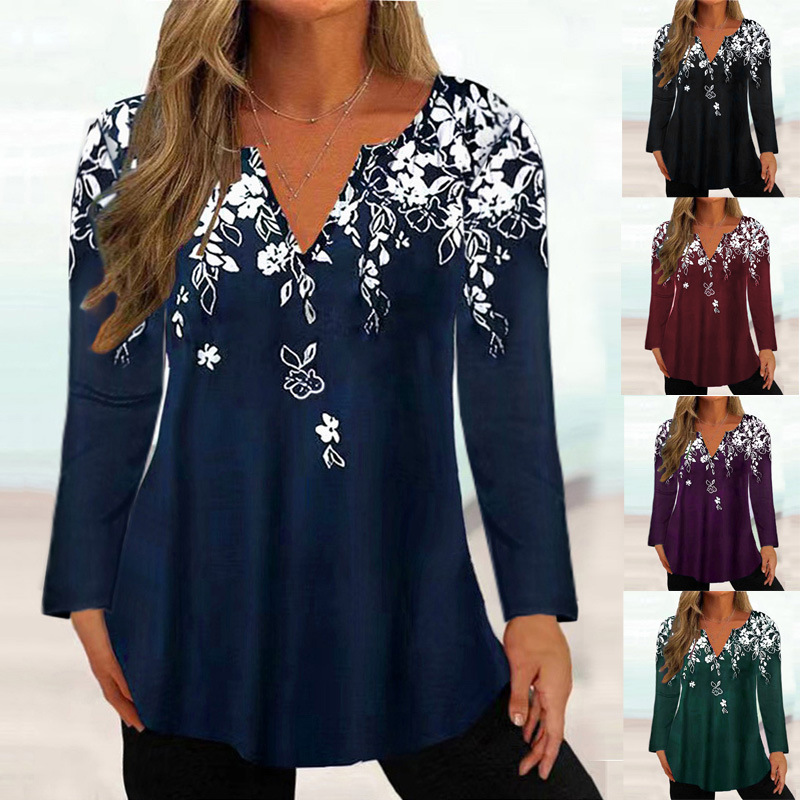 New women's printed V-neck long-sleeved T-shirt top 40