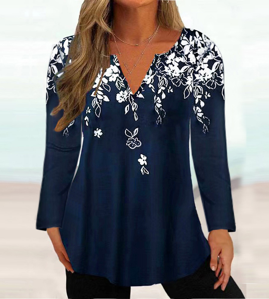 New women's printed V-neck long-sleeved T-shirt top 40 02