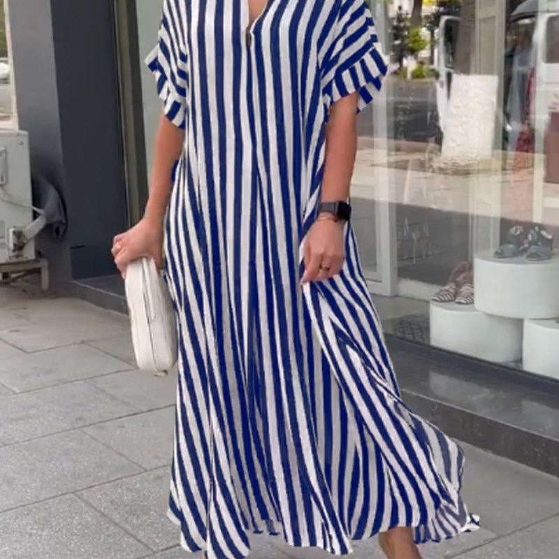 Side slit striped loose casual short-sleeved dress 58