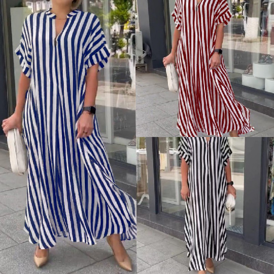 Side slit striped loose casual short-sleeved dress 58 01